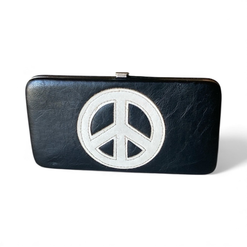 PEACE SIGN Clutch Wallet Silver Interior Clasp Closure Faux Leather Hippie